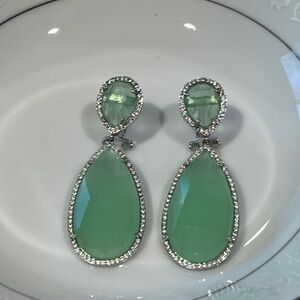Seafoam Green Teardrop Pave Halo Drop Earrings - Silver Finish